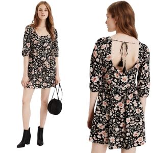 American Eagle Black Floral Chiffon XS Babydoll Dress Boho Fairy Black Pink AEO